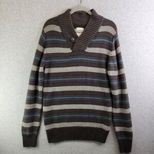 Fossil Sweater Mens M Brown Striped Shawl Collar Pullover Ribbed Knit Grandpa